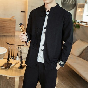 Spring and Summer new Chinese style men's clothing plus size Chinese Tang suit retro trendy long sleeve stand collar casual shirt men's wholesale