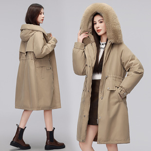 2024 Korean Style fleece-lined Slim-fit Pike Cotton-padded Jacket Large Wool Collar Lengthened Detachable Living Gallbladder Cotton-padded Jacket for Women