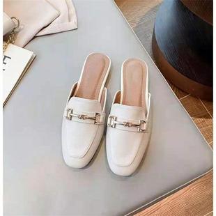 Soft Leather Low-heeled Lazy Men's Half Slippers Women's Summer New British Style Women's Shoes Flat All-match Outer Wear Slippers