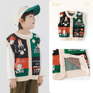 Kuwa Mi Boy's Vest Knitted Cardigan Korean Cartoon Class A Sweater Spring Girl's Sleeveless Crewneck Vest