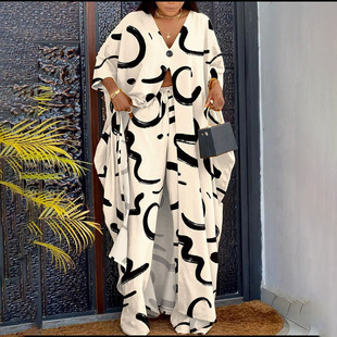 2025 European and American New Loose plus size Two-piece Suit V-Neck Button Printed Cropped Sleeve Top Drawstring Pants Women