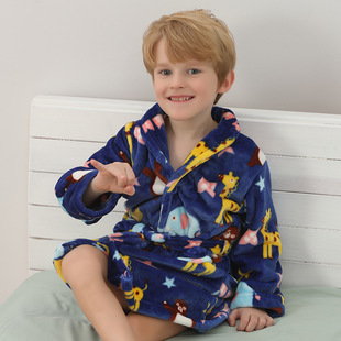 Children's Coral Fleece Nightgown Boy's Autumn and Winter Flannel Thickened Home Robe Car Fastening Bathrobe Baby's Pajamas