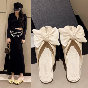 Bow 2025 Internet Celebrated Fairy Style Hollow Out Wear Fashion All-match Dress Lazy Flat Non-slip Half Mop