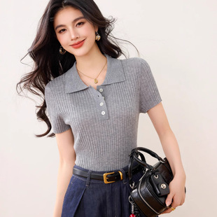 G1042 Tmall Brand Grey Lapel Cyber Celebratory Top Women's Summer Thin Stretch Slim-Fit Short Knitted Short Sleeve