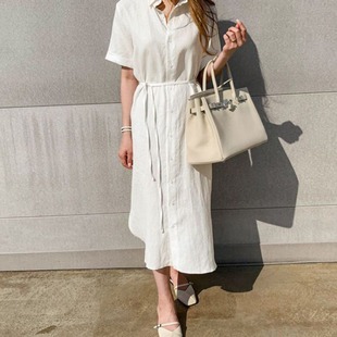 2025 spring and summer new Japanese and Korean simple loose lace waist single breasted short sleeve linen shirt dress
