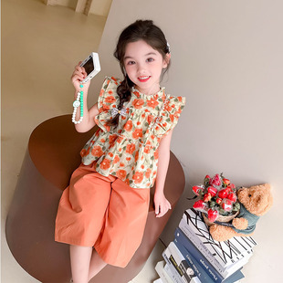 Girl's Flying Sleeve Flower suit 2025 New Children's Summer Dress Western Style Fashionable Floral Girl's Baby's Summer Wear