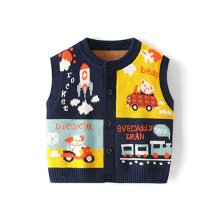 Autumn New Children's Sweater Crewneck Vest Cardigan Korean Color-block Cartoon Card Vintage Vest Knitwear