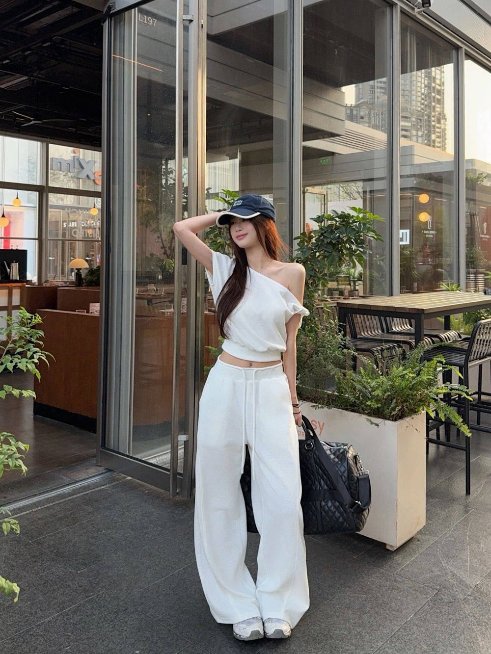 2026 New Stylish Asymmetrical Neckline Off-Shoulder Waffle Short-Sleeve T-Shirt + Women's Loose Straight-Leg Casual Wide-Leg Pants Set