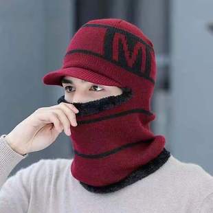 Wool hat men's winter fleece-lined warm hat winter cycling windproof one-piece hat scarf ear protection youth knitted hat