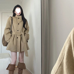 High-end Hepburn Style khaki Woolen Coat Women's Autumn and Winter 2024 New Style Petite Coat Mid-length