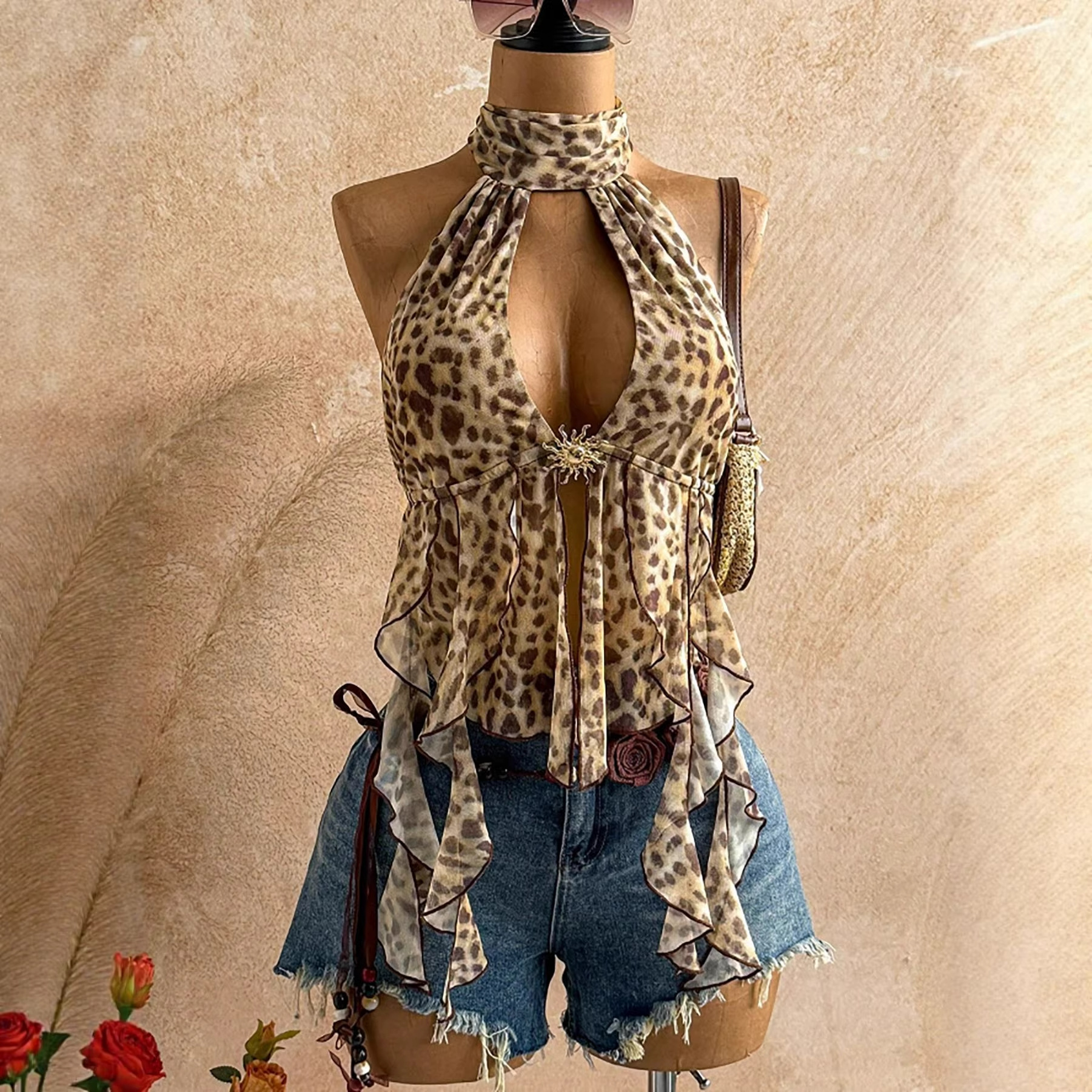 2026 Fashion New Style Summer Tank Top Leopard Print Halter Neck Camisole European and American Retro Top with Straps
