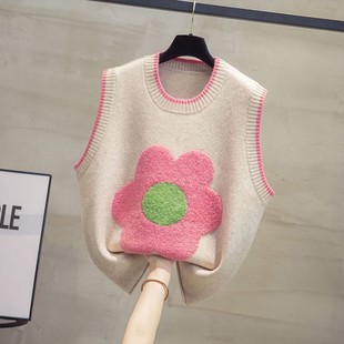 Cute Flower Sweater Vest Women's New Design Sense Towel Embroidered Round Neck Vest Korean Style Sleeveless Knitted Waistcoat