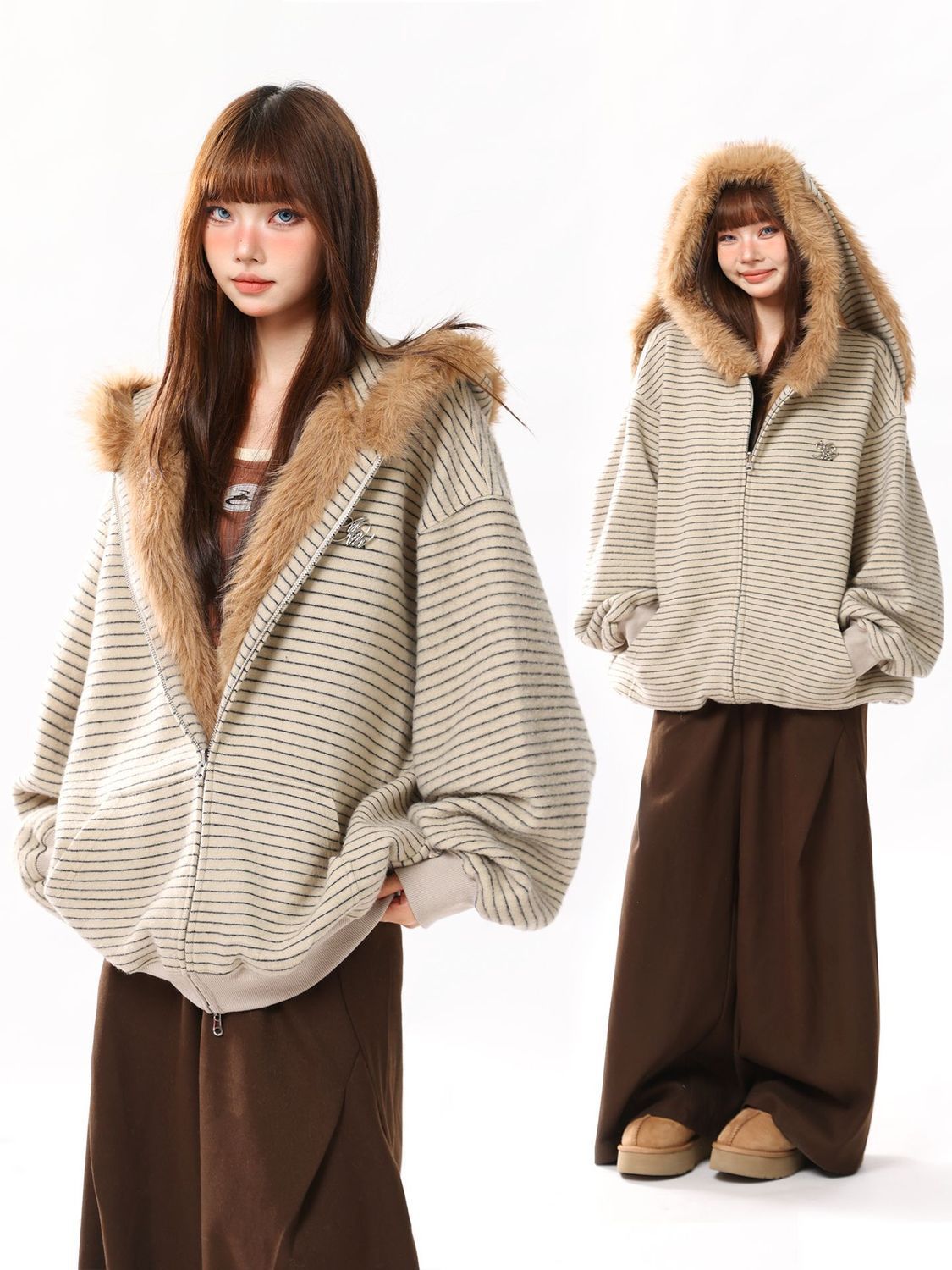 American-Style Trendy Brand Striped Rabbit Ear Fleece-Lined Cardigan Sweatshirt for Men and Women, New Autumn and Winter Hooded Couple's Thick Coat with Fur Collar