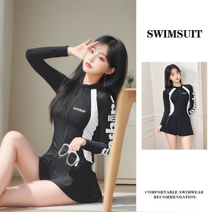 Conservative one-piece swimsuit women's skirt-style sportswear slim simple hot spring black women's summer racing swimsuit wholesale