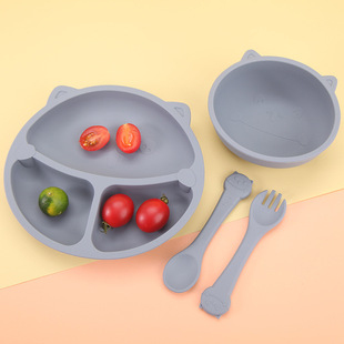 Silicone Children's Tableware suit Baby Food Supplemented Silicone Tableware Suction Plate Bowl Fork Spoon Cup Bib Cartoon Dielectric Plate