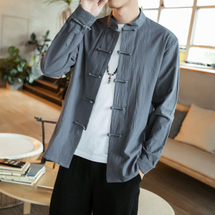 Spring and Autumn New Chinese style men's cotton and linen retro buckle shirt plus size trendy solid color long sleeve casual shirt for men