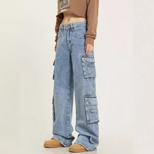 American Street Washed Dressed Tooling Jeans Men's Spring and Autumn Straight Loose European and American High Street Vibe Style Long Pants
