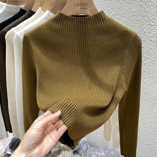 Knitted Sweater Top Women's Design Sense Niche Spring and Autumn Interior Slim-fit Half-turtleneck Sweater Short Base Shirt for Small People