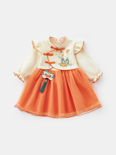 Baby New Chinese Style dress 2025 Spring Baby Girl Princess Skirt Girl Long Sleeve Mesh Skirt Spring and Autumn 3551