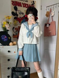 White and Blue Three-Piece Jk Uniform Skirt Basic Authentic Sailor Suit不良 Japanese College Style Suit Short-Sleeved A-Line Skirt
