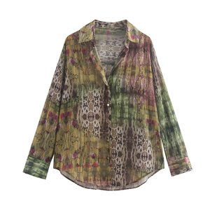 10842-Early Autumn New Women's European and American Style Lapel Metallic Color Thread Printed Long-Sleeved Shirt Top