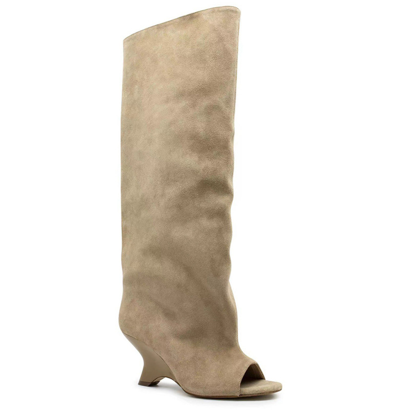 Fashion New Hot Girl Fish Mouth Wedge Heel Hollow Knee-High Temperament Sandals Foreign Trade Large Size Performance Catwalk Women's Boots