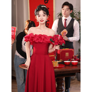 One-Shoulder Toast Dress 2025 New French Engagement Dress Bride High-End Dressing Gown Registration Red Skirt
