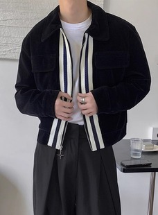 Contrast color ribbon stitching design short black jacket men's American retro lapel coat cleanfit top