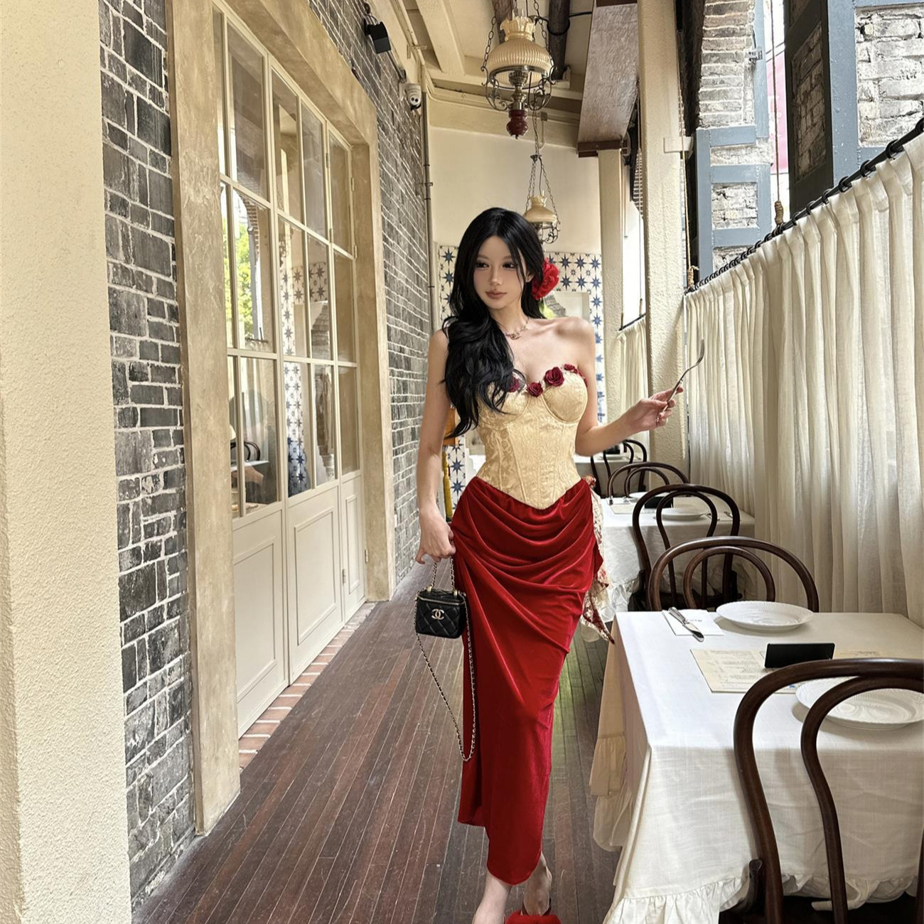 French Style Retro Romantic Fish Bone Tube-chest Red dress Women