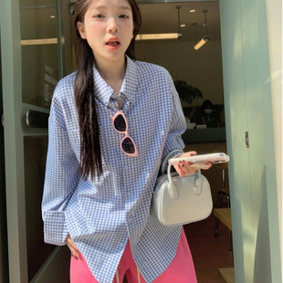 Blue Vintage Plaid Lapel Shirt Top Women's Spring Loose Slimming Casual Lazy Style Pattern Shirt Jacket