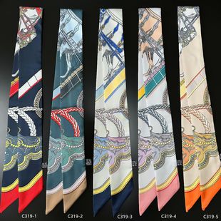 Korean Autumn New Arrival Bangle Small Scarf Double-Layer Digital Printed Twill Scarf High-Style Hair Strap Tie Bag for Women