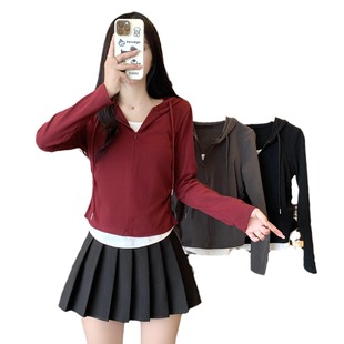 Source factory in stock real price 2024 autumn plus size women's new hooded long sleeve fake two T-shirt jacket gray