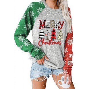 Cross-border foreign trade Europe and the United States wholesale Amazon T-shirt print Christmas women's autumn and winter long sleeve casual raglan sleeve T-shirt