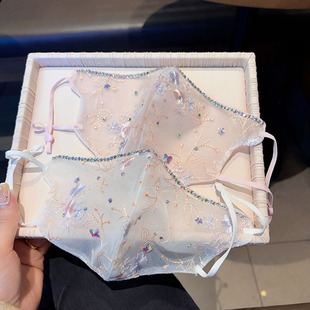 B2607 summer new lace embroidered flower mask dustproof mesh diamond-embedded decorative breathable elastic mask for women