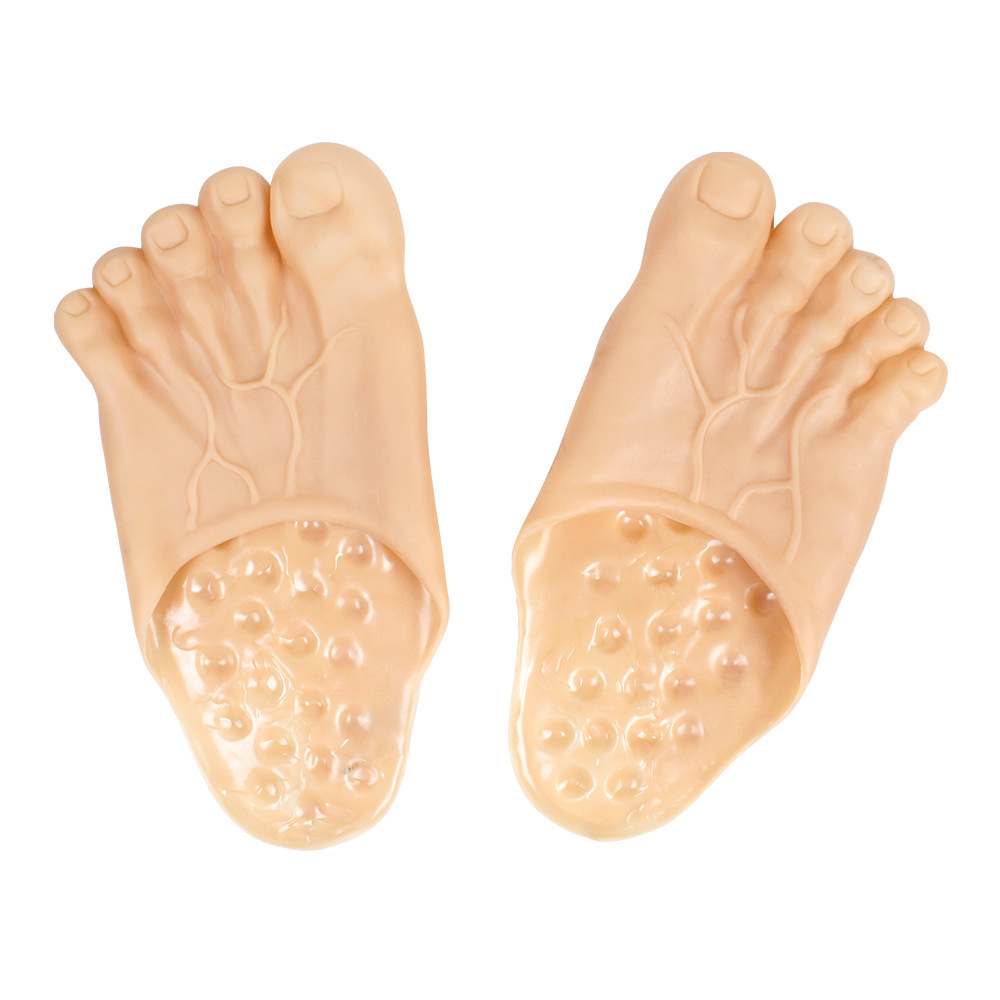 Halloween cosplay: quirky slippers, toe pranks, big feet, bare feet, fairy props, snow monster feet.