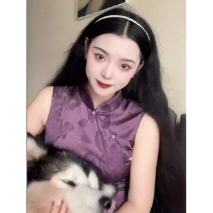 Original homemade new Chinese style gilded satin modified cheongsam slim high-grade Hong Kong workers dress charming purple