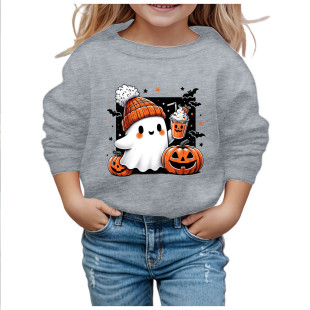 2024 Cross-border Hot Sale Halloween Cute Little Ghost Printed Round Neck Sweat Autumn Children's Long Sleeve Sweat