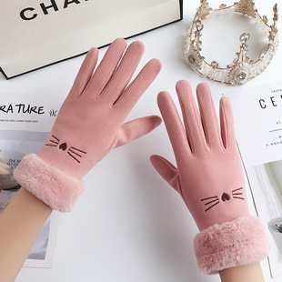 Touchscreen gloves ladies autumn and winter fleece-lined warm de velvet outdoor riding windproof driving wholesale supermarket small meow cute