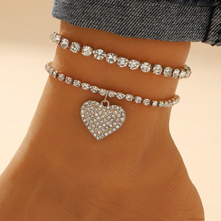 European and American Cross-border Fashion Rhinestone Double-layer Anklet Women's Butterfly Love Multi-layer Chain Ankle Jewelry Beach Anklet Jewelry