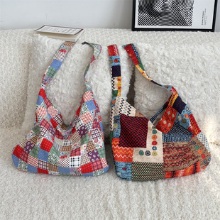 5391 New Retro Ethnic Style Color Collage Shoulder Crossbody Bag Large Capacity Underarm Canvas Bag for Women