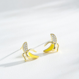 S925 Silver Small Banana Micro Diamond Earrings Women's European and American Personality Small Fresh Fashion Commuter Fruit Cross-border Earrings