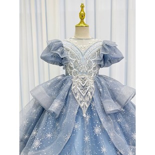 Children's Dress Light Luxury Niche High-end Princess Dress Blue Girl's Show Host Piano Performance Dress Spring