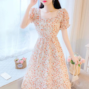 French style chic beaded square collar floral dress 2024 new summer gentle temperament platycodon grandiflorum mid-length skirt
