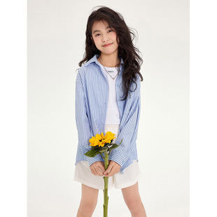 Girls' Long-Sleeved Vertical Striped Shirt 2025 Spring New Style Middle and Large Children's Design Sense Outer Wear Children's Korean Style Trendy Coat