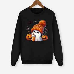 New Halloween halloween fleece-lined Sweat Kiss European and American Style Magic Man Pumpkin Bat Print Top