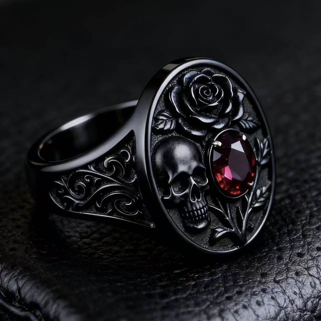 Sanjie 2026 New Electroplated Gun Black Skull Ring Rose-Shaped Vintage Halloween Jewelry for Women