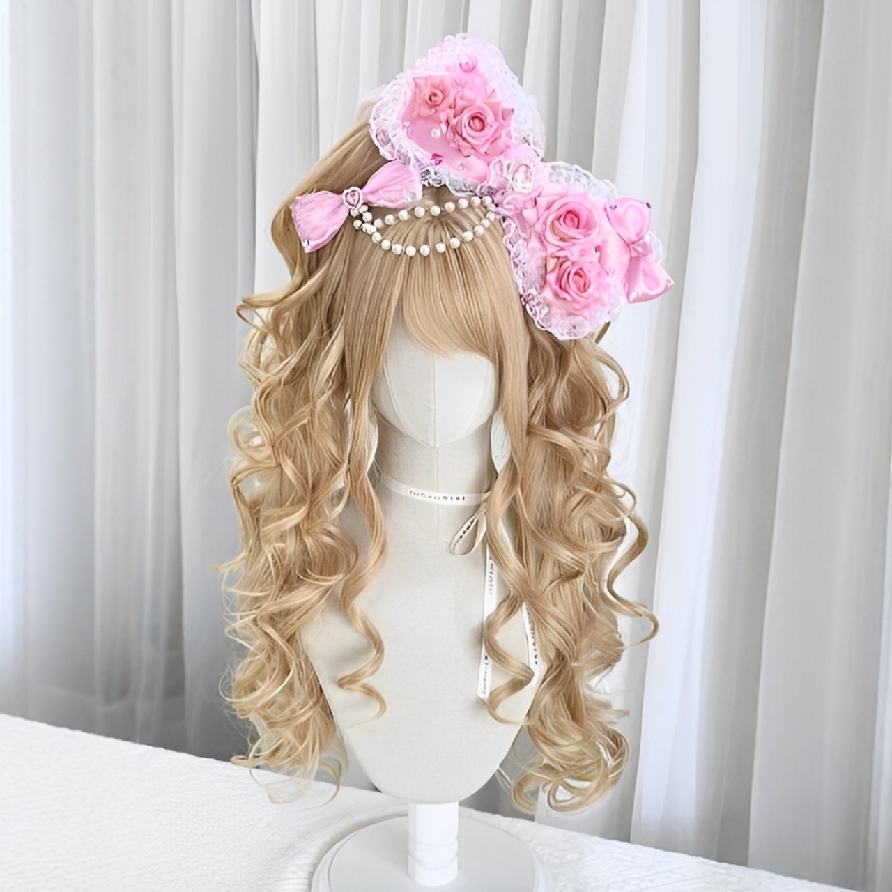 Wig for Women with Roman Curls, Lolita Style with Bangs, Lolita Claw Clip, Double Ponytails, Cute Retro Curly Hair, Full Head Cover for Daily Use