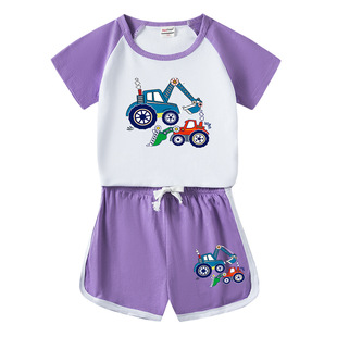 Excavator Boys and Girls Summer Suit 2023 New Children's Cotton Short-sleeved Shorts Casual Thin Two-piece Set