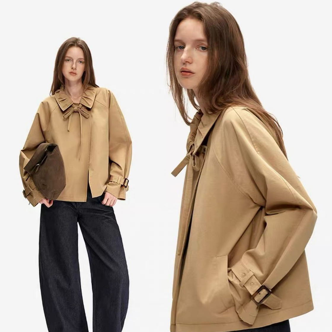 PUKI original short trench coat with a stylish bow-tie design, in a khaki jacket style