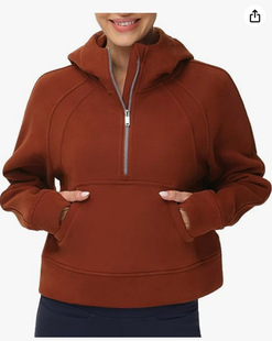 2023 New Amazon Women's sweater sweater hooded half zipper long sleeve pullover autumn and winter European and American short fleece-lined